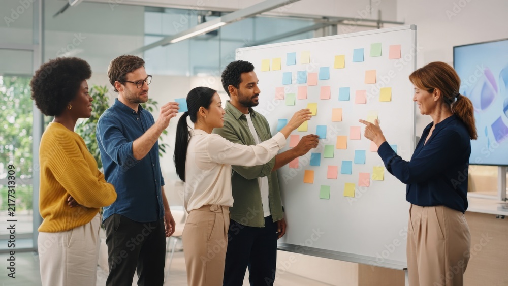 Obraz premium Diverse Business Team Brainstorming with Sticky Notes on Whiteboard