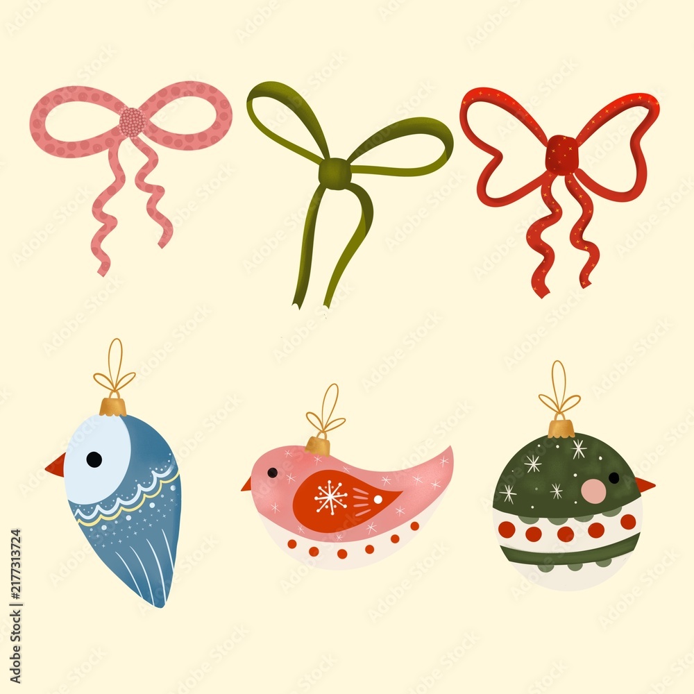 Fototapeta premium Christmas Bird Ornaments and Ribbon Bows Set
