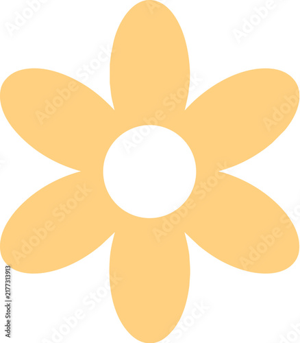 Minimalist vector illustration of a simple yellow daisy flower with six rounded petals surrounding a white center, isolated on white background