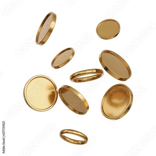 Floating shiny gold coins and simple circular gold metal rings isolated on a transparent background currency