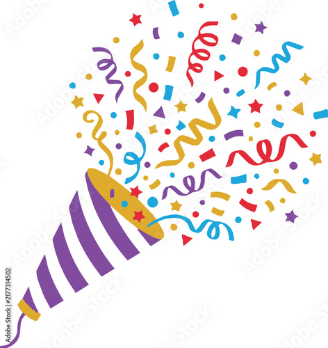 Party popper bursting with colorful confetti and streamers, isolated on white background