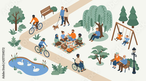 Illustration of a vibrant public park with people walking, biking, picnicking, and enjoying recreational activities together outdoors