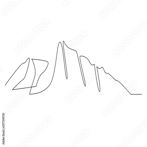 Minimalist mountain range one continuous line illustration for nature and adventure concept
