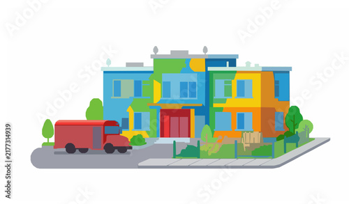 SEO Title: School Building with School Bus Flat Vector Illustration