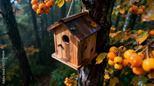Wooden birdhouse hanging from a tree in a forest during autumn rain, surrounded by orange berries and yellow leaves