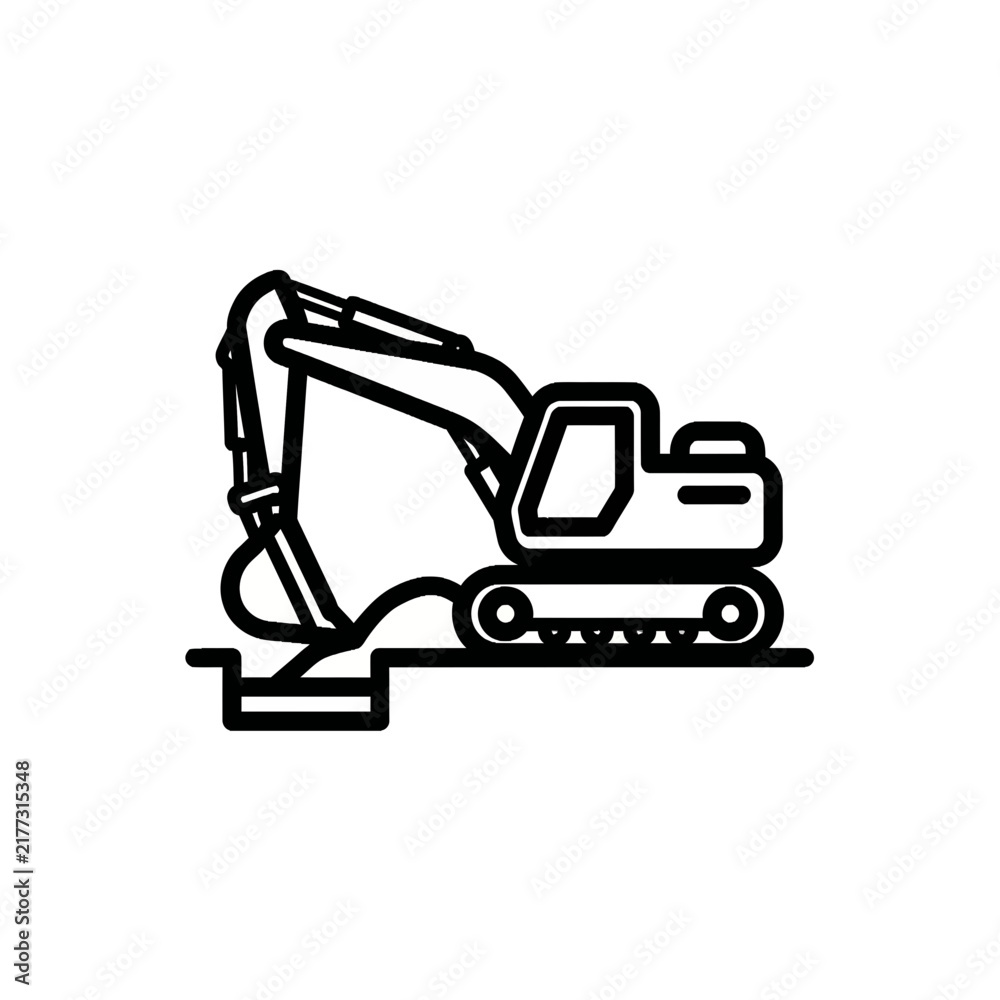 Fototapeta premium Excavator digging a trench construction icon line art