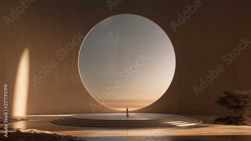 Minimalist product display podium with architectural backdrop.