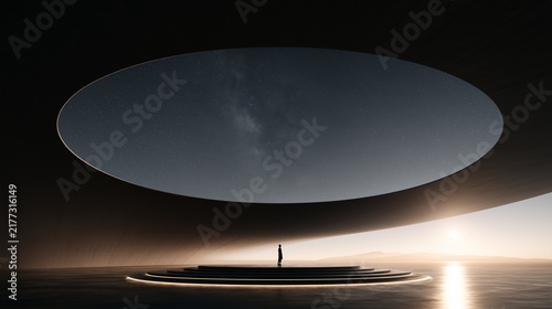 Minimalist product display podium under starry sky.