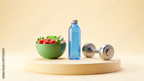 Bowl of fresh healthy food beside blue water bottle and compact dumbbells on cream background representing balanced nutrition hydration fitness planning and everyday active wellness