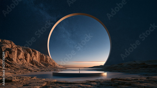 Minimalist product podium with architectural elements at dusk.