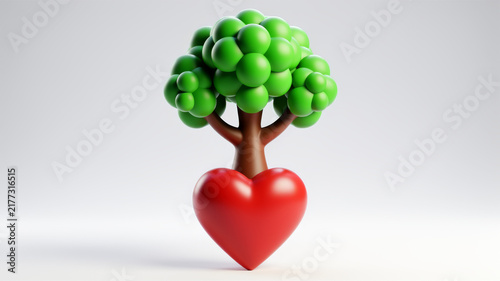 Small green tree growing from bright red heart shaped trunk on pale background representing nurturing health emotional growth nature connection resilience and flourishing wellbeing