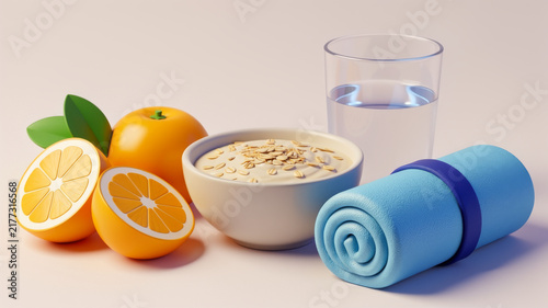 Fresh oranges oatmeal water and blue dumbbell arranged on white background representing nutritious energy hydration fitness recovery balanced breakfast and healthy active routines