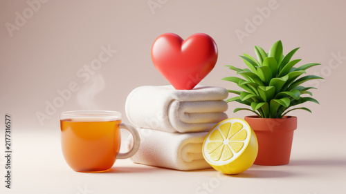 Red heart above folded spa towels beside warm tea and green plant on cream background representing restorative self care emotional wellness relaxation and nurturing healthy routines