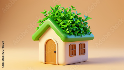 Miniature eco house with lush living roof on warm beige background representing sustainable architecture green building natural insulation and nature friendly
