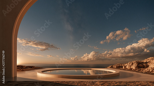 Minimalist product podium with ocean view at sunset.