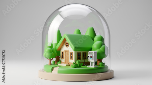 Compact sustainable house protected beneath clear glass dome on gray background representing eco property security resilient housing environmental care and safeguarded green living