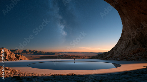 Minimalist product display in natural cave setting.
