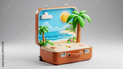 Open suitcase transformed into miniature tropical beach with palm tree and blue water on warm background representing vacation fantasy portable paradise tourism escape and wanderlust