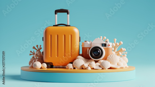 Orange rolling suitcase beside camera seashells and beach accessories on teal background representing seaside tourism vacation photography coastal trips and relaxed summer travel