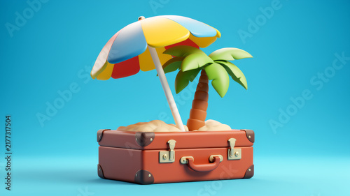 Brown suitcase topped by beach umbrella and palm tree on blue background representing tropical vacation planning seaside escapes resort travel sunshine holidays and summer leisure