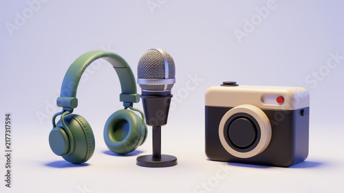 Headphones microphone and compact camera arranged on white background presenting multimedia content creation podcast production photography audio recording and creator workflow essentials