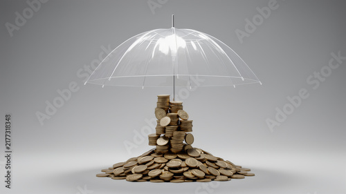 Protective umbrella hovering above tall pile of coins on gray background symbolizing financial security asset protection rainy day savings and economic resilience
