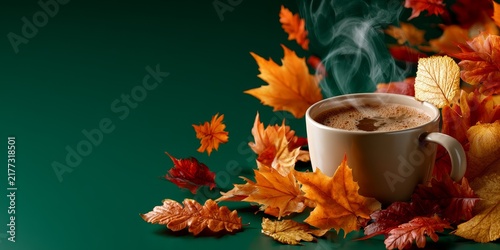Steaming cup of coffee surrounded by vibrant autumn leaves on a deep green background, evoking warmth, coziness, and seasonal comfort.