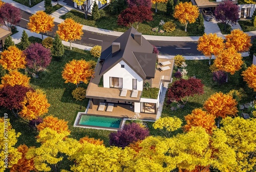 3d rendering of contemporary architectural luxury house exterior. Modern Scandinavian style family home with a white plaster walls, beautiful garden. Clear sunny autumn day with golden leaves anywhere