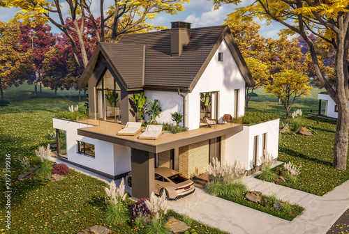 3d rendering of contemporary architectural luxury house exterior. Modern Scandinavian style family home with a white plaster walls, beautiful garden. Clear sunny autumn day with golden leaves anywhere