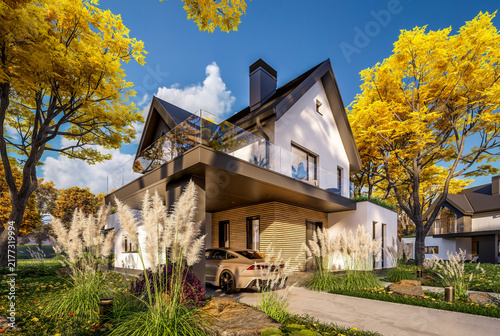 3d rendering of contemporary architectural luxury house exterior. Modern Scandinavian style family home with a white plaster walls, beautiful garden. Clear sunny autumn day with golden leaves anywhere