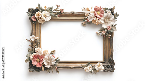 Antique Style Wood Border Frame Elegant Flowers on White

