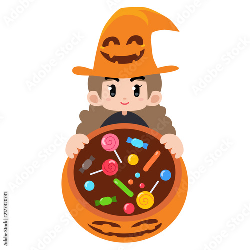 Cute Child Celebrating Halloween with Candy Bucket 2D Vector Illustration