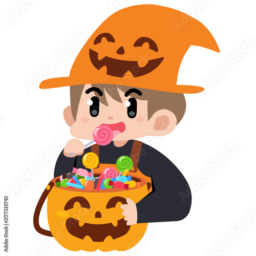 Cute Child Celebrating Halloween with Candy Bucket 2D Vector Illustration