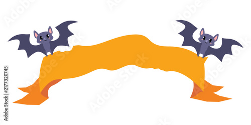 Cute Halloween Bat Couple Holding Banner 2D Vector Illustration