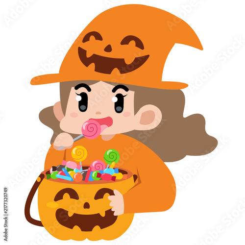 Cute Child Celebrating Halloween with Candy Bucket 2D Vector Illustration