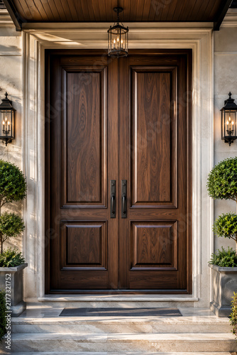 Grand Double Panel Walnut Wooden Entrance Door with Luxury Stone Facade