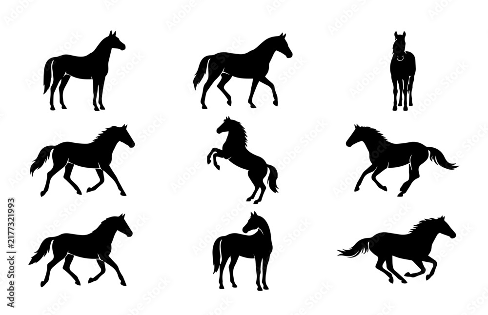 Fototapeta premium Horse poses running galloping standing black silhouette vector icons set