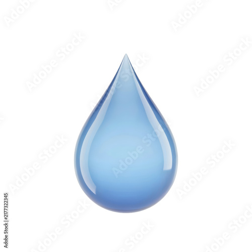 Single blue water drop with glossy surface and soft reflections isolated on a transparent background