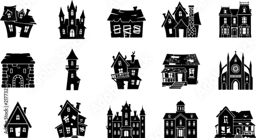 Fotografie Collection of black house silhouettes showcases various architectural styles aga