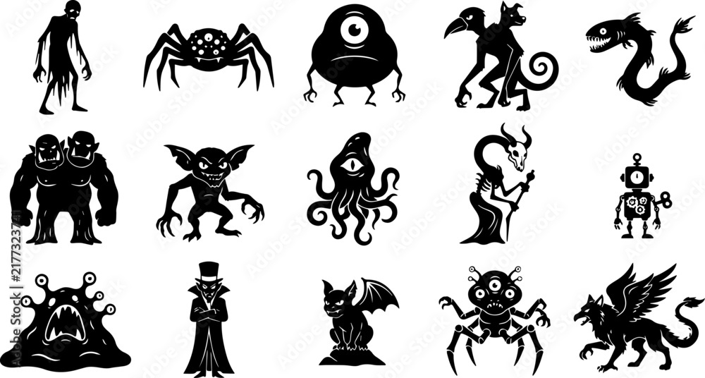 Fototapeta premium Collection of black silhouettes depicting mythical creatures and monsters against a white background arachnid beast chimera creature cryptid demon