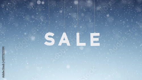 Concept sale swinging word on looped snowfall on blue day sky light copy space background.