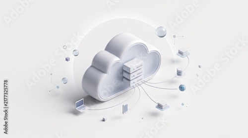 Abstract cloud computing network illustration with server database and digital devices 3d.