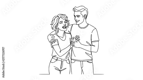 Couple Embracing and Laughing, Continuous Line Art Drawing, Isolated