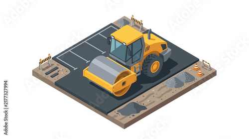 Yellow steamroller compacting asphalt on construction site, isometric view, road building, urban infrastructure development, heavy machinery.
