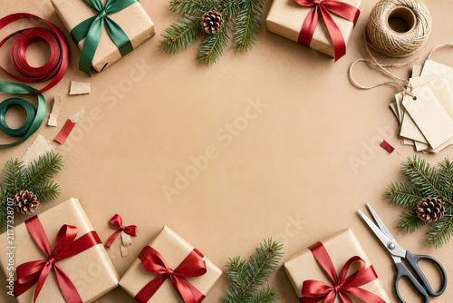 Holiday presents with ribbons, pine branches, and craft items on brown paper. Christmas concept background