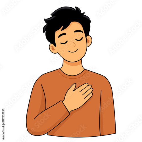 Grateful Man with Hand on Chest Thankful Gesture Vector Illustration