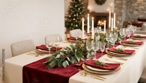 Dining table decorated for holidays, featuring plates, cutlery, glassware, and a candle centerpiece