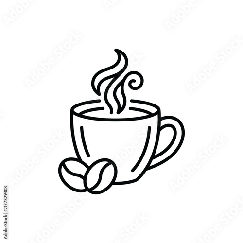 Line drawing of steaming coffee cup with beans.