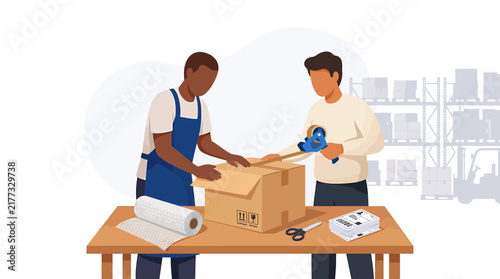 Warehouse Workers Packing Cardboard Box for Shipment in Modern Office
