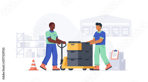 Warehouse Workers Transporting Cargo Packages on Pallet Jack Illustration